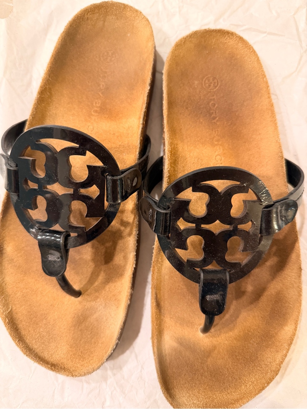 Tory Burch Black Logo Thong Sandals with Tan Footbed
